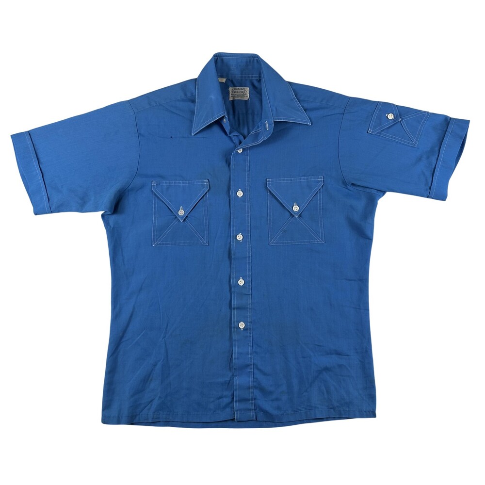 Vintage Elderade Shirt Mens Small Blue Short Sleeve Button Up Non Iron 70s Disco